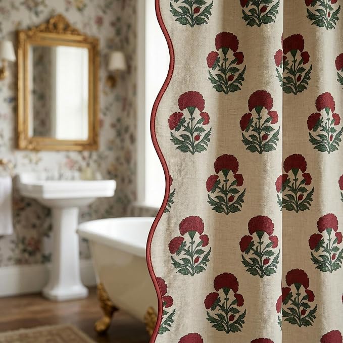 Boomkin Block Print Scalloped Shower Curtain Set with 12 Hooks | Red Shower Curtain Linen Textured Cottage Core Floral Bathroom Curtain for Vintage Farmhouse Bathroom 72 x 72 Inch
