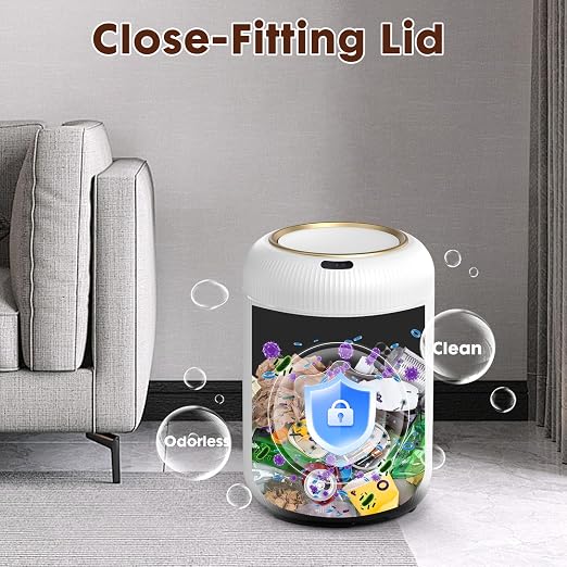 Procade Motion Sensor Trash Can with Lid,Small Automatic Trashcan Bathroom | 3 Gallon Touchless Sensor Trash Bin,White and Gold Garbage Can,Electric Round Plastic Waste Basket for Bedroom,Office,Dorm,RV