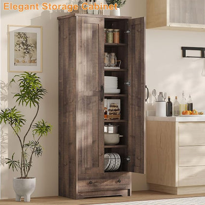 Decofy 70" Tall Storage Cabinets, Large Wood Storage Pantry Cabinet with 6 Adjustable Shelves, 2 Striped Doors & Drawer, Standing Utility Cabinet for Kitchen, Bathroom, Dining Room, Antique (Brown)