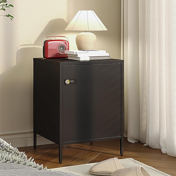 Metal Nightstand with Lockable Cabinet and Adjustable Shelf, Bedside Table with Digital Combination Lock, Secure Storage End Table for Bedroom Office Dorm (Black)