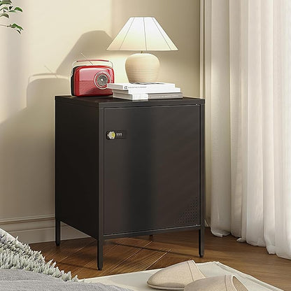 Metal Nightstand with Lockable Cabinet and Adjustable Shelf, Bedside Table with Digital Combination Lock, Secure Storage End Table for Bedroom Office Dorm (Black)