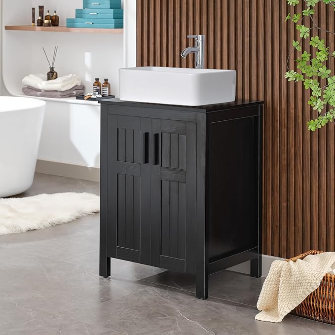 UEV Black 24" Bathroom Vanity with Sink Combo,Modern Vanity with Vessel Sink,Stylish Bathroom Vanity Cabinet,Grooved Doors & Metal Handles,Modern Rectangle Ceramic Vessel Sink(T03)