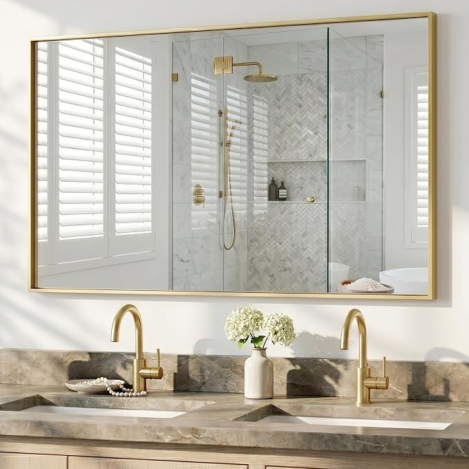 55"x30" Satin Gold Wide Bathroom Wall Mirror for Double Vanity | Wide Double Vanity Mirror, Slim Metal Frame, Long Console or Buffet Use, Vertical/Horizontal Mount, Tempered Glass