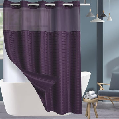 Conbo Mio Extra Long No Hook Shower Curtain with Snap in Liner Set, Hotel Luxury Purple Shower Curtains for Bathroom with See Through Top Window, Waterproof, Washable 71W x 84H