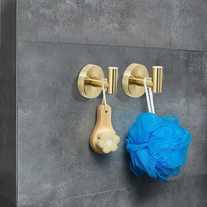 Gold Bathroom Hardware Set, Brushed Gold Toilet Paper Holder Towel Ring and 2 Robe Hook Bathroom Accessories Hand Towel Holder Kit Wall Mount Stainless Steel, 4 Pieces