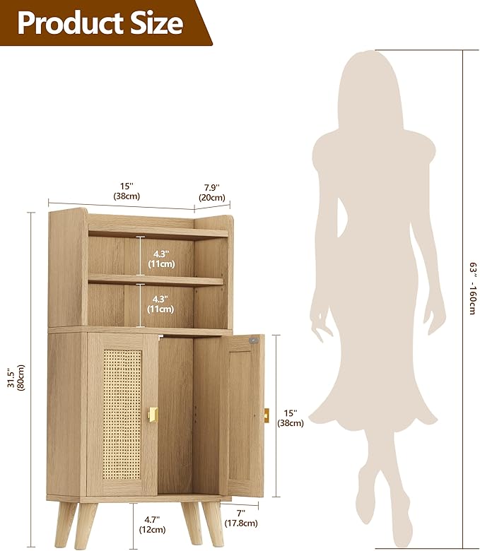 Rattan Small Bathroom Storage Cabinet, Narrow Floor Toilet Paper Storage with 2 Doors and Adjustable Shelf, Bathroom Organizers and Storage for Small Spaces, 7.9''D x 15.0''W x 31.5''H, Natural Oak
