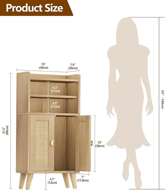 Rattan Small Bathroom Storage Cabinet, Narrow Floor Toilet Paper Storage with 2 Doors and Adjustable Shelf, Bathroom Organizers and Storage for Small Spaces, 7.9''D x 15.0''W x 31.5''H, Natural Oak