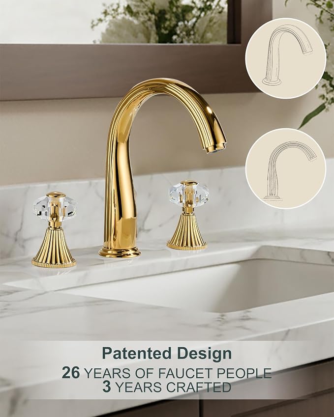 Gold Crystal 3 Hole Sink Vanity 8 Inch Brass 2 Handles 2 Tone Widespread Modern Unique Bathroom Faucets Sets, Antique Lavabo Faucet, Vintage Lavatory Vessel Luxury Mixer Tap with Pop up Drain