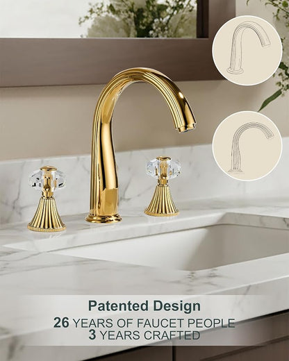 Gold Crystal 3 Hole Sink Vanity 8 Inch Brass 2 Handles 2 Tone Widespread Modern Unique Bathroom Faucets Sets, Antique Lavabo Faucet, Vintage Lavatory Vessel Luxury Mixer Tap with Pop up Drain