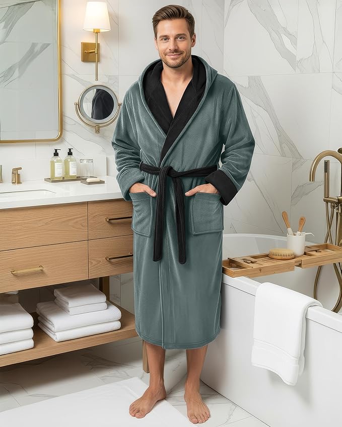 NY Threads Mens Robe with Hood, Luxury Plush Fleece Hooded Mens Bathrobe, Spa Bath Robe for Men