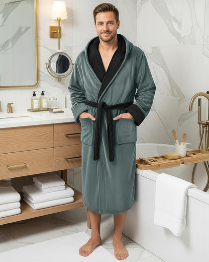 NY Threads Mens Robe with Hood, Luxury Plush Fleece Hooded Mens Bathrobe, Spa Bath Robe for Men