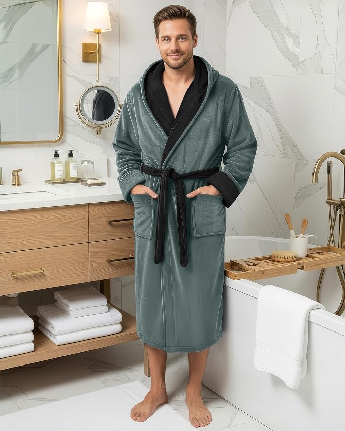 NY Threads Luxury Ultra Soft Mens Robe with Hood Plush Fleece Long Bathrobe