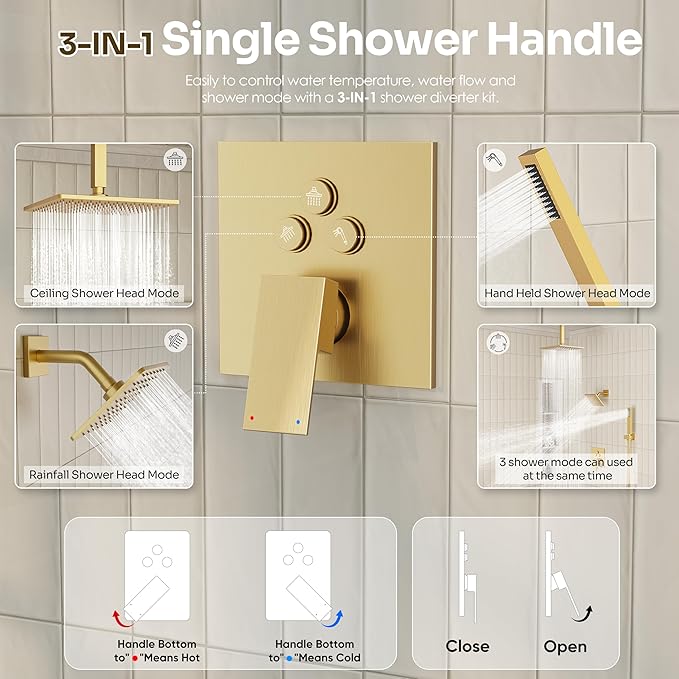 Gold Shower Faucet Set, Brushed Gold Shower System, 10'' Ceiling Shower Head and 6'' Wall Mounted ShowerHead, Dual Gold Shower Head with Handheld Combo, 3 In 1 Push Button Shower Diverter Valve