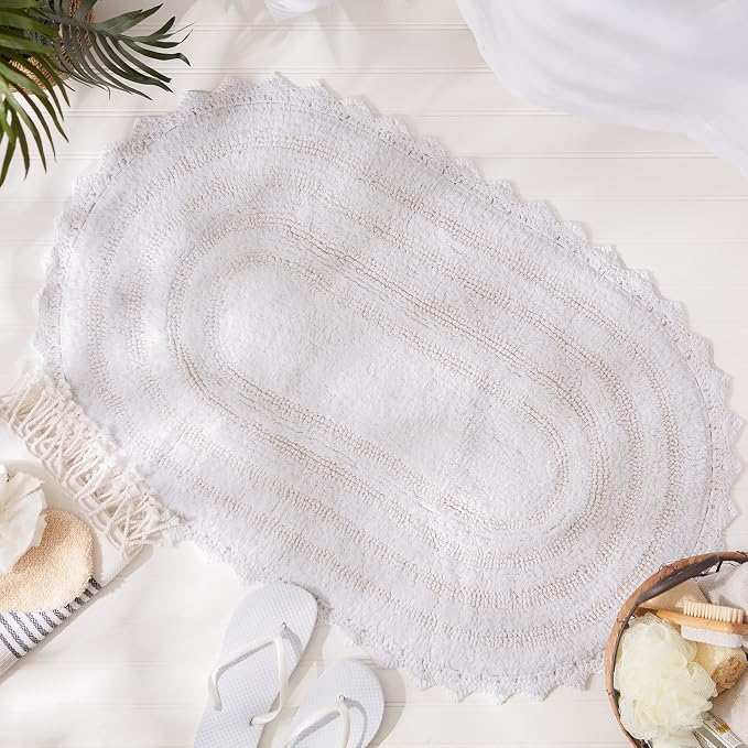 DII Crochet Collection Reversible Bath Mat, Small Oval, 17x24, White