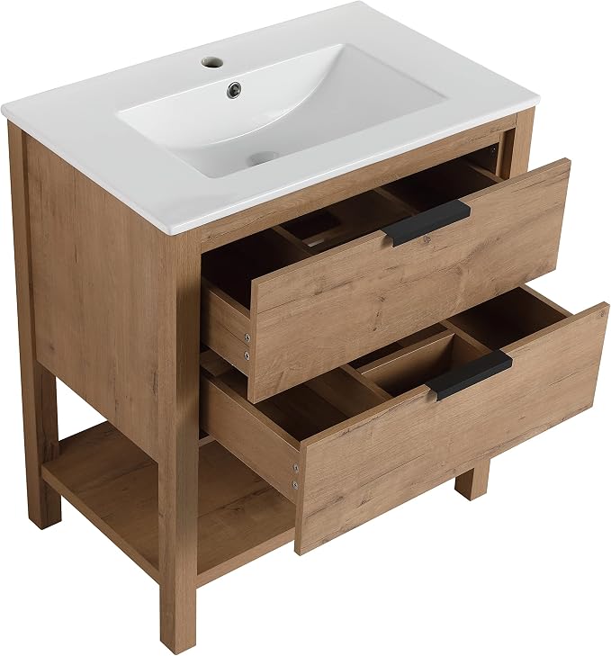 Free Standing Bathroom Vanity with Sink Modern 30" Bathroom Vanity with Top Basin&Storage Drawers Oak Wood Bath Vanity w/White Ceramic Sink for Small Bathroom Powder Room