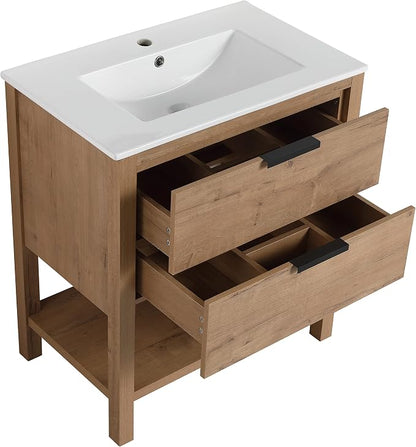 Free Standing Bathroom Vanity with Sink Modern 30" Bathroom Vanity with Top Basin&Storage Drawers Oak Wood Bath Vanity w/White Ceramic Sink for Small Bathroom Powder Room