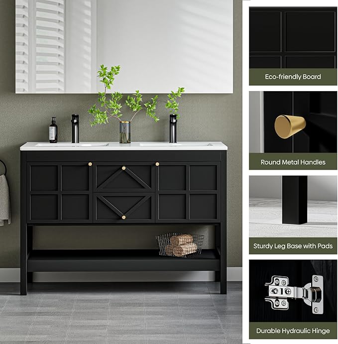 48" Bathroom Vanity with Double Sink Combo, Undermount Sink Bathroom Storage Cabinet with 2 Drawers & 2 Soft-Close Doors, Freestanding Farmhouse Cabinet with Open Storage Shelf, Black
