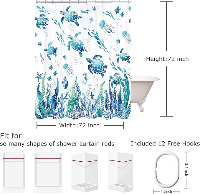 Nautical Sea Turtle Shower Curtain Cute Kids Coastal Shower Curtain Set with Waterweed Jellyfish for Bathroom Decor Waterproof Machine Washable Shower Curtains with 12 Hooks, 72x72 Inch