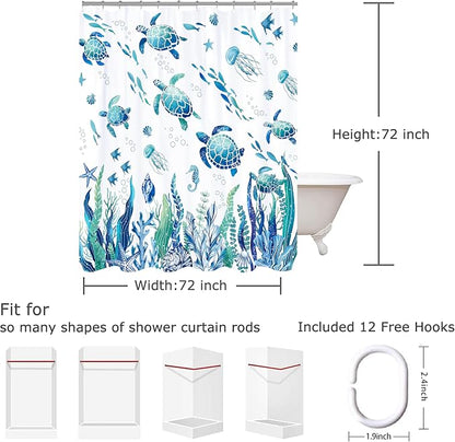 Nautical Sea Turtle Shower Curtain Cute Kids Coastal Shower Curtain Set with Waterweed Jellyfish for Bathroom Decor Waterproof Machine Washable Shower Curtains with 12 Hooks, 72x72 Inch