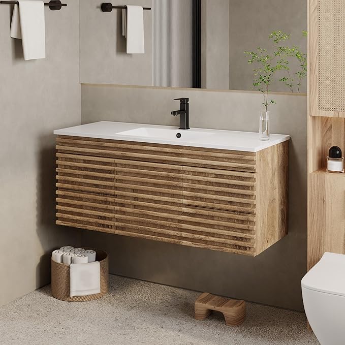 eclife 48" Floating Bathroom Vanity with Sink Combo Mid-Century Wall Mounted Cabinet with Wood Stripes Decor, Drawers, Undermount Single Sink, Faucet, Drain, Light Walnut