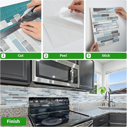 LONGKING Self-Adhesive Kitchen Backsplash, Marble Look Decorative Tiles (10 Tiles) | Peel and stick backsplash, self-adhesive wall tile, marble, waterproof, kitchen bathroom wall, 10 tiles, set B