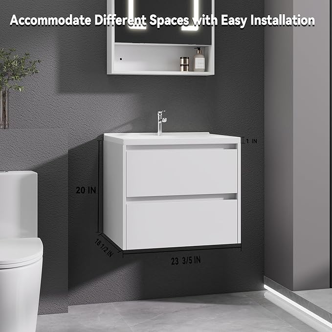 White Floating Bathroom Vanity with Sink, 23x18 Inch Wall Mounted Bathroom Cabinet with 2 Drawers, Modern Single Sink Vanity for Small Bathroom, Space-Saving Storage Cabinet