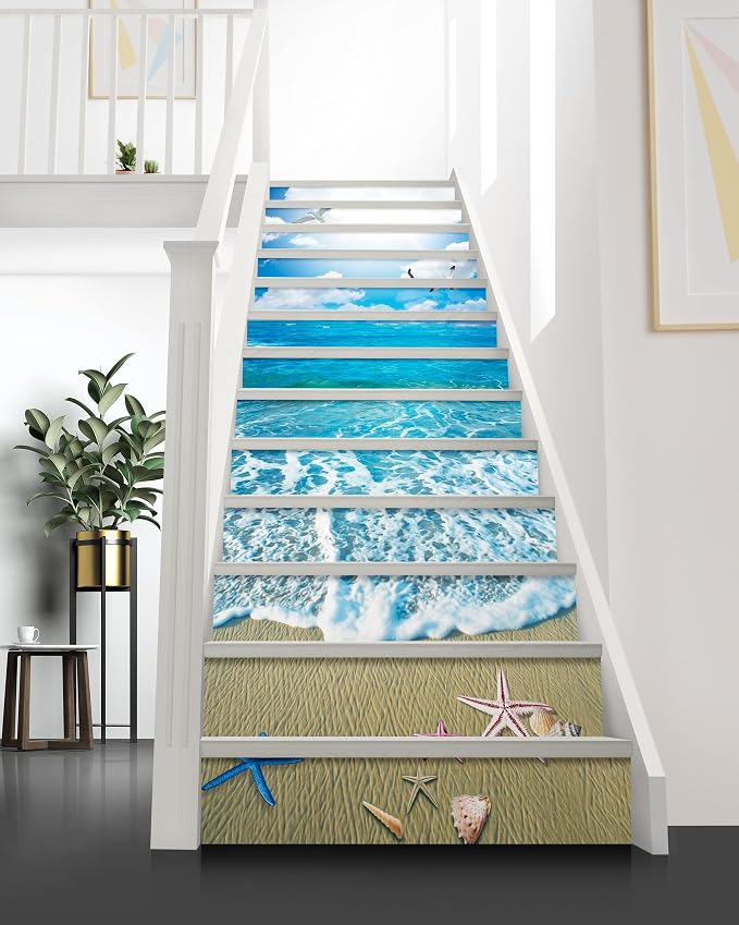 FLFK Stair Decals - Stair Stickers Decals Peel and Stick,Sunshine Ocean Beach Stair Risers Decals Self-Adhesive for Home Decor, 39.3" W x 7.08" H x 13Pcs