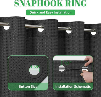 No Hook Waffle Shower Curtain, No Liner Needed Separate, 71x77 Inch, Black | 100% waterproof TPU-laminated backing, magnetic weighted hem, machine washable, shower curtain set for bathroom or hotel use