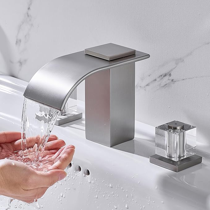 Brushed Nickel Waterfall Bathroom Faucet, 3 Hole Widespread Bathroom Sink Faucet with Crystal Handles, Modern 2 Handle Deck Mount Vanity Lavatory Faucet