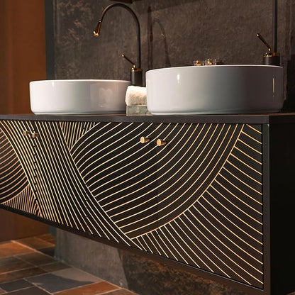 Woodbridge 60"X22" Wall Mounted Vanity with Double Ceramic Round Vessel Sinks,Black Engineered Stone Vanity Top,Floating Design with Hand-Painted Black & Gold Accents,Space-Saving for Modern Living