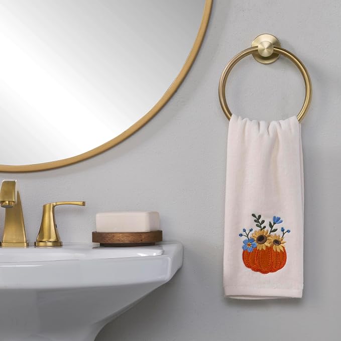 SKL Home Fall/Thanksgiving Pumpkin Bouquet Hand Towel Set-2pc, Natural | 100% Cotton. Soft, embroidered velour. For use in the bathroom, kitchen or bar & gifting.