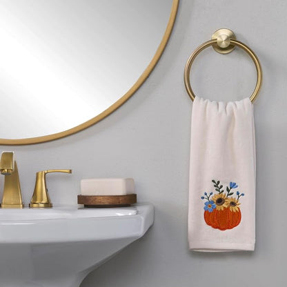 SKL Home Fall/Thanksgiving Pumpkin Bouquet Hand Towel Set-2pc, Natural | 100% Cotton. Soft, embroidered velour. For use in the bathroom, kitchen or bar & gifting.