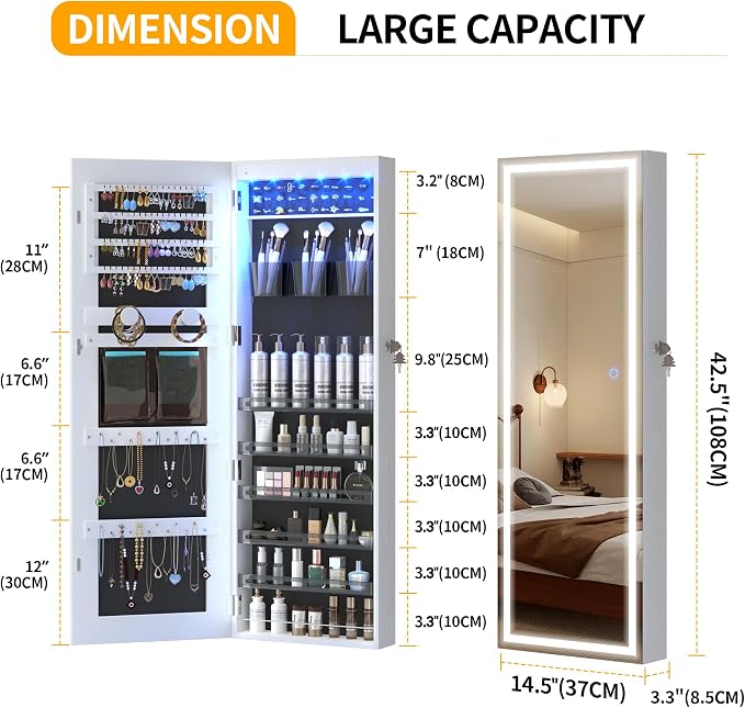 LVSOMT Wall Mounted Jewelry Organizer with Full Length Mirror, 42.5", White | Over the Door Mirror with Storage, Lockable Jewelry Cabinet for Earring Ring Necklace, Large Capacity, Gift for Women