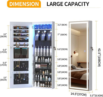 LVSOMT Wall Mounted Jewelry Organizer with Full Length Mirror, 42.5", White | Over the Door Mirror with Storage, Lockable Jewelry Cabinet for Earring Ring Necklace, Large Capacity, Gift for Women