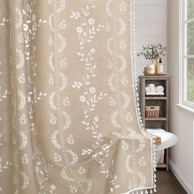 Vintage Boho Beige Shower Curtain, Floral Linen Patterned Shower Curtains for Bathroom with Tassels, 72 x 72