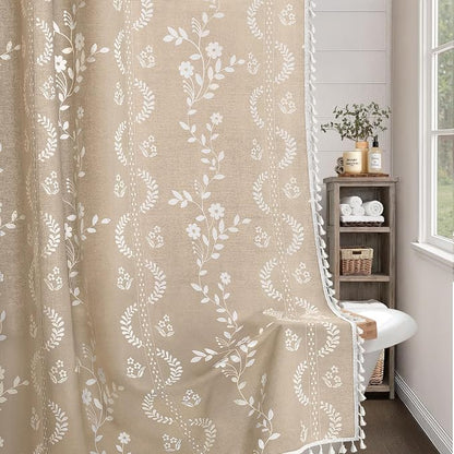 Vintage Boho Beige Shower Curtain, Floral Linen Patterned Shower Curtains for Bathroom with Tassels, 72 x 72