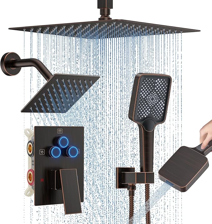 Shower Faucet Set, 12" Ceiling Mount Rainfall Shower System with 2 Rain Shower Head and Multi-function Handheld Head Push Button Diverter Shower Faucet Trim Kit (12", Oil Rubbed Bronze)