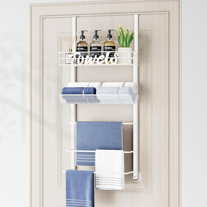 SWTYMIKI Over the Door Towel Racks for Bathroom - 5-Tier Wall Mounted Bathroom Towel Storage Organizer Holder with Metal Shelf, White