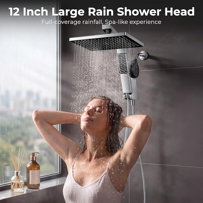 MakeFit Filtered Rain Shower Head with Handheld Combo High Pressure 12'' Rainfall Shower Heads & Hidden Detachable Wand Dual Showerhead Water Softener for Hard Water Easy Filter Replacement