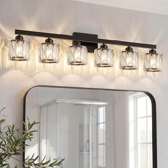 VOLISUN Crystal Vanity Lights for Bathroom, 6 Light Bathroom Vanity Light, Modern Matte Black Bathrooms Light Over Mirror, Black Bathrooms Lights Fixtures-UL Certificated(Exclude Bulb)