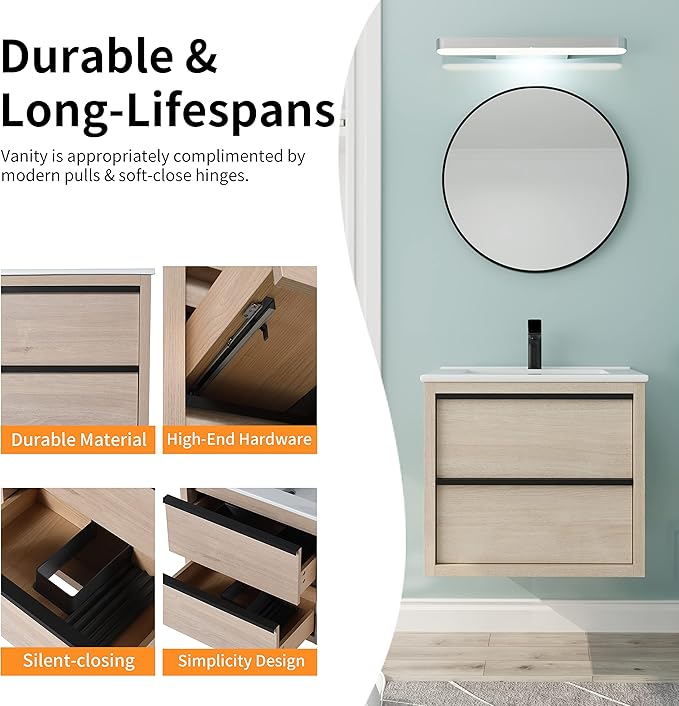 24 Inch Bathroom Vanity with Sink, Modern Bathroom Vanity Set, Single Ceramic Sink Vanities,Soft Closing Drawer and Ceramic Sink (PLO, 24 * 18)