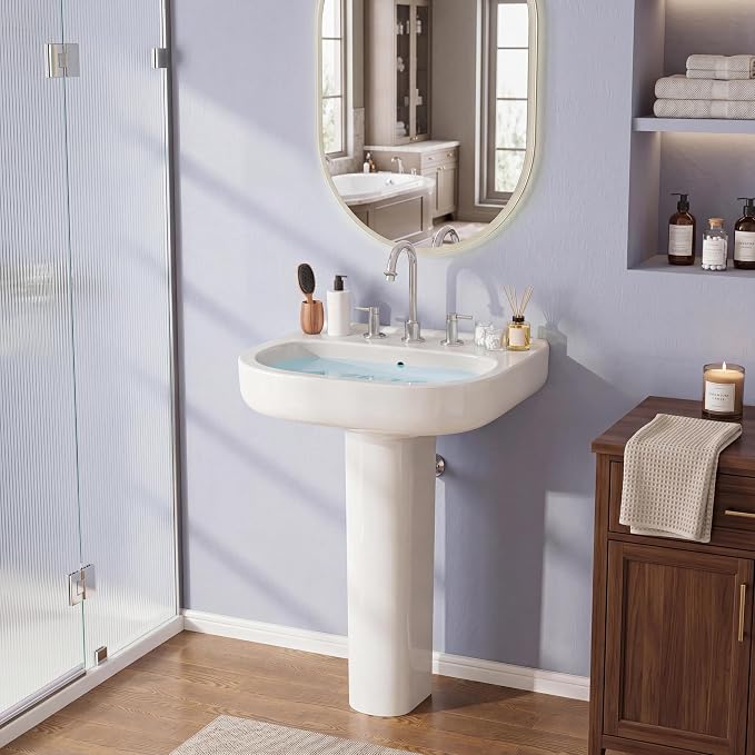 22" x 17" Pedestal Sink – White Ceramic Rectangular Bathroom Vanity with Overflow, Bathroom Pedestal Sink with 3 Pre-Drilled Holes for 8 in Faucets