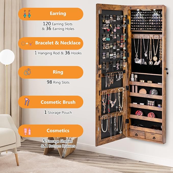 COSTWAY Wall Mounted Jewelry Armoire with Full Length Mirror & 2 LED Lights, Large Capacity, Lockable Mirror Jewelry Cabinet for Women Girls (Rustic Brown)