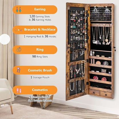 COSTWAY Wall Mounted Jewelry Armoire with Full Length Mirror & 2 LED Lights, Large Capacity, Lockable Mirror Jewelry Cabinet for Women Girls (Rustic Brown)
