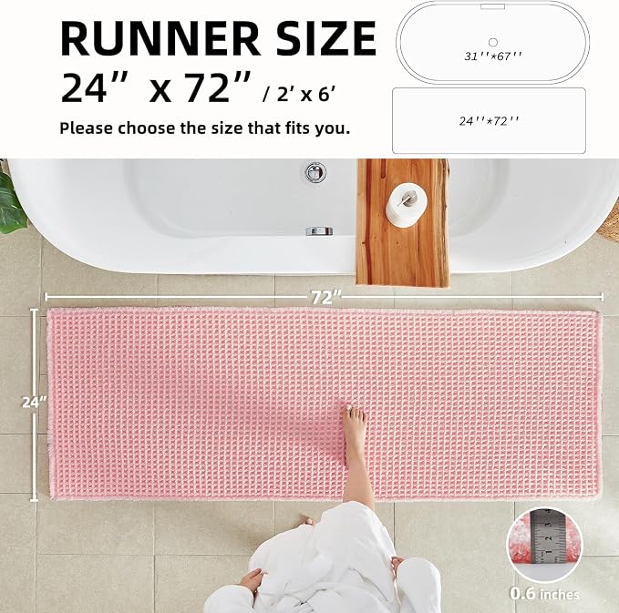 TYUU Waffle Runner Rug Bathroom, Long Cute Bath Mat 72x24 Light Peachy Pink | Super Absorbent Quick Dry Bath Rug, Non-Slip Backing, Soft Waffle Washable Farmhouse Bathroom Mats, Tub, Shower & Home Decor