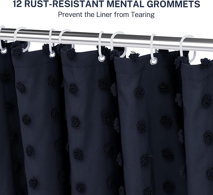 Extra Long Boho Shower Curtain Woven Fabric Navy Blue Shower Curtain, 72 x 78 Tufted Pleat Floral Puffs Textured Modern Minimalist Shower Curtain Set with Hooks for Bathroom
