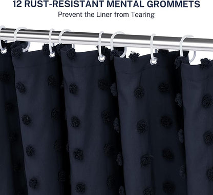 Extra Long Boho Shower Curtain Woven Fabric Navy Blue Shower Curtain, 72 x 78 Tufted Pleat Floral Puffs Textured Modern Minimalist Shower Curtain Set with Hooks for Bathroom