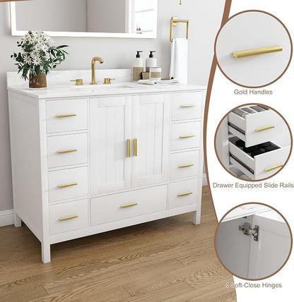 42 Inch Bathroom Vanity with Sink&Countertop,Calacatta Gold Sintered Stone Counter Top with Sink&Backsplash,White Bathroom Cabinet Set with 2 Doors and 9 Drawer(Three Holes)