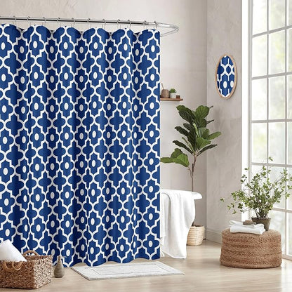 Fabric Modern Moroccan Shower Curtains for Bathroom-Indigo and White | 72"W x 72"L Textured Faux Linen Elegant Classic Bath Decor-Hotel Quality Transitional Geometric Washable & Breathable Cloth