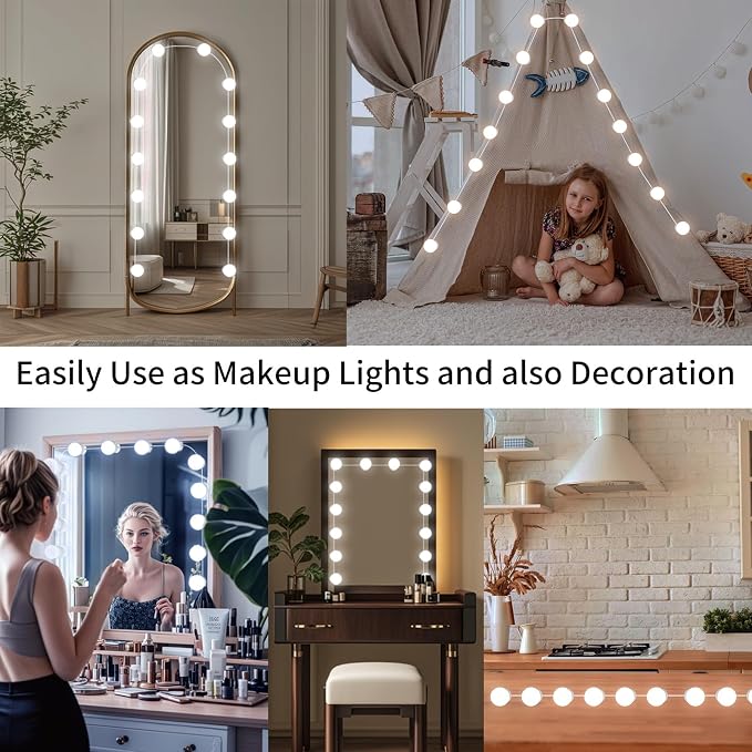 LED Vanity Mirror Lights with 14 Dimmable Bulbs, 3000K 4500K 6500K & 10 Brightness Levels Adjustable, Plug in USB Cable, Hollywood Style Stick On Mirror Lights for Makeup Desk Bathroom Dressing Room